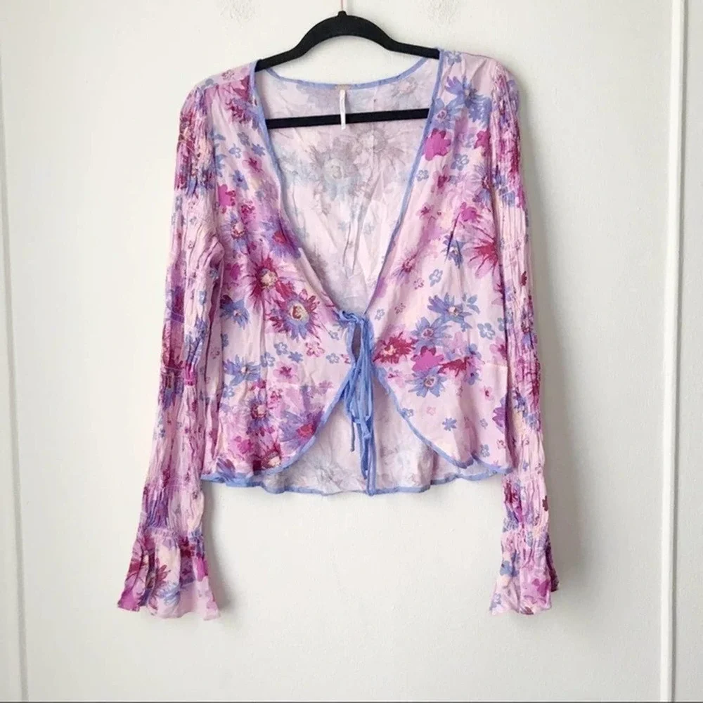 Free People Pink Lavender Floral Tie-Front Top